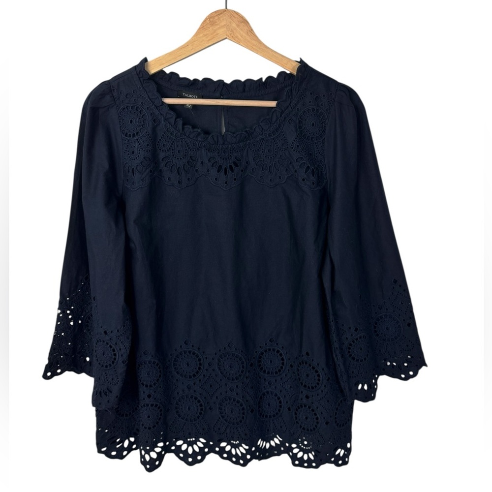 Talbots Navy Blue 3/4-Sleeve Ruffle Eyelet Top Large NWT - Picture 2 of 9
